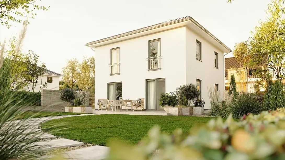 Stadtvilla bauen in Liebenau mit Contura Bau GmbH Moderne Stadtvilla in Liebenau mit Terrasse, großem Garten und heller Fassade