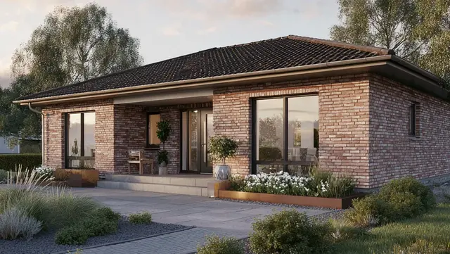 Moderner Bungalow mit Klinkerfassade und Terrasse Moderner Bungalow mit roter Klinkerfassade, Walmdach, Terrasse und gepflegtem Garten als Beispiel für den Hausbau mit Contura Bau GmbH