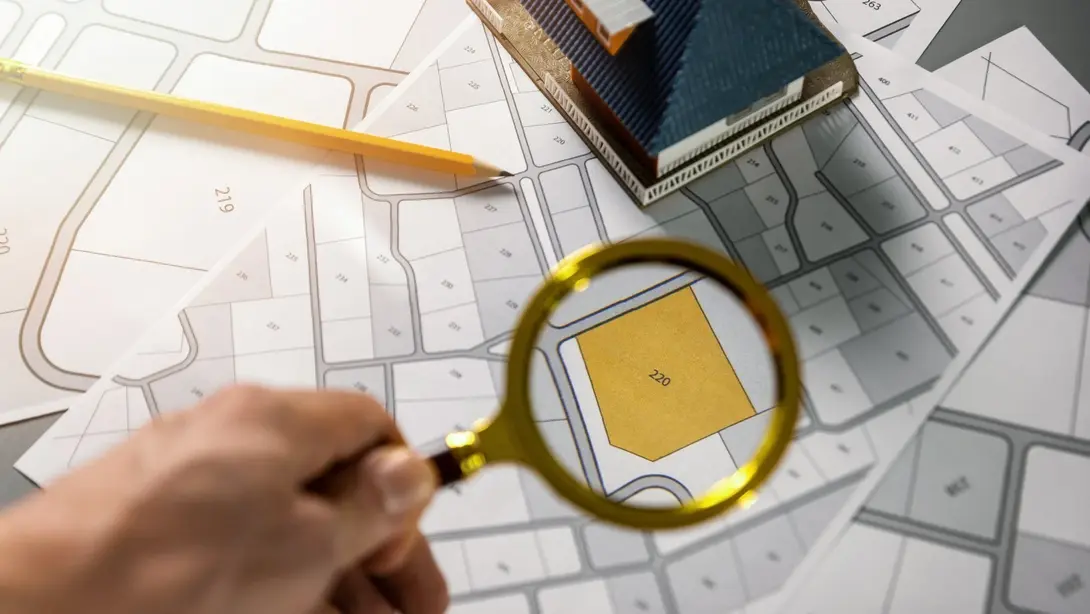 Baugrundstück prüfen und Hausbau planen Baugrundstück im Lageplan mit Lupe, Hausmodell und Bleistift als Symbol für Grundstückssuche