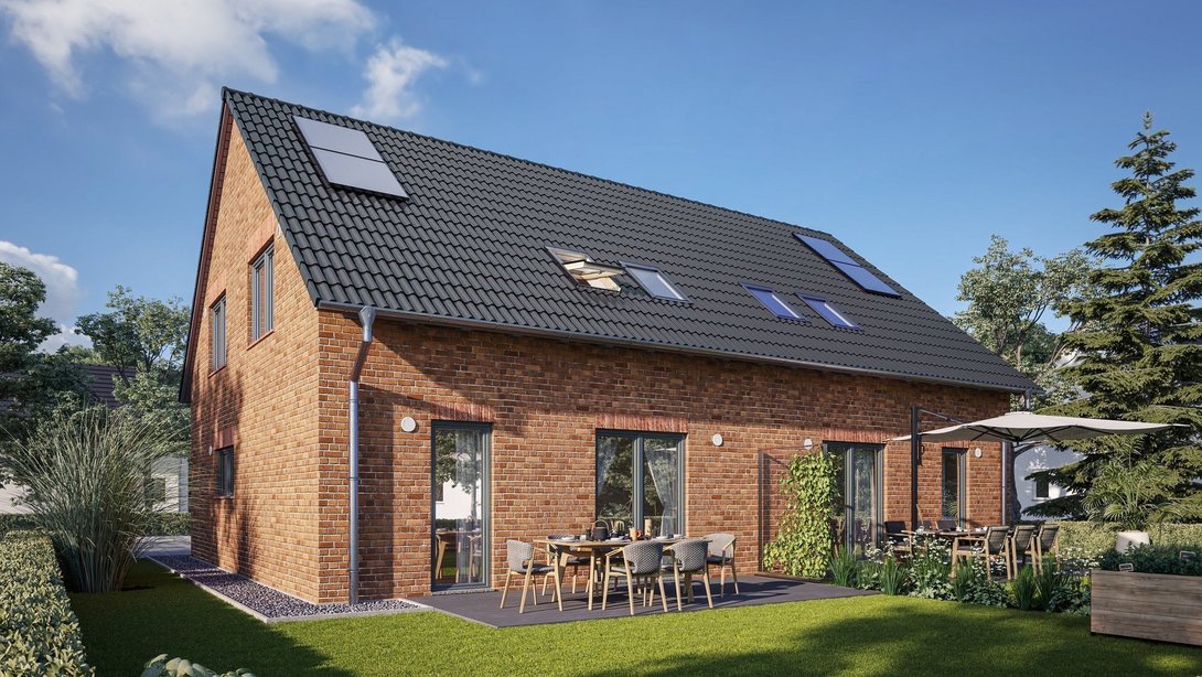 Einfamilienhaus mit Klinkerfassade und Photovoltaik in Steyerberg-Voigtei Einfamilienhaus mit roter Klinkerfassade, Satteldach, Photovoltaikanlage, Terrasse und Garten als Beispiel für den Hausbau in Steyerberg-Voigtei mit Contura Bau GmbH