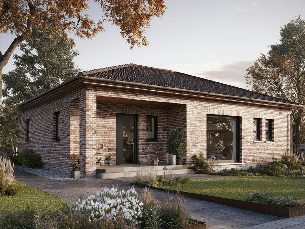 Klinker-Bungalow mit Garten in Stolzenau Moderner Bungalow mit Klinkerfassade, Walmdach, Terrasse und gepflegtem Garten in Stolzenau