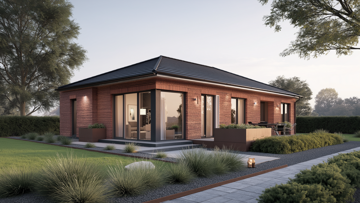 Moderner Bungalow mit roter Klinkerfassade, Walmdach, Terrasse und gepflegtem Garten als Beispiel für den Hausbau mit Contura Bau GmbH