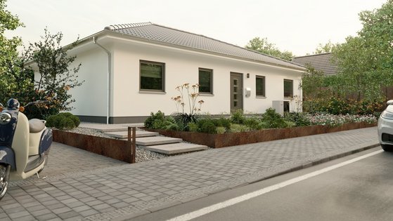 Moderner Bungalow mit heller Fassade, Walmdach, Vorgarten und ruhiger Wohnstraße in Bruchhausen-Vilsen.