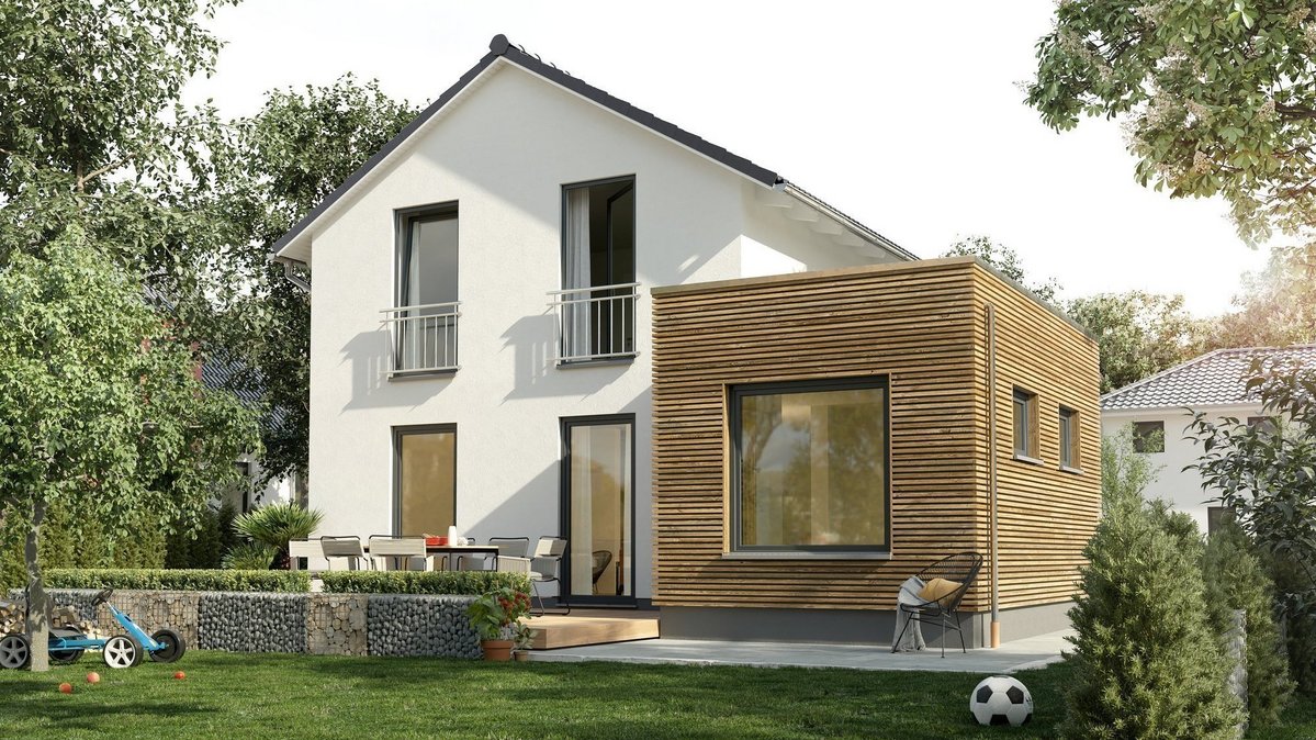 Modernes freistehendes Einfamilienhaus mit Garten, Terrasse und Holzanbau