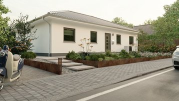 Bungalow 110 in Verden (Aller) Moderner Bungalow 110 mit weißer Fassade, barrierearmer Bauweise und gepflegter Vorgartenanlage im Baugebiet Stadtkante in Verden (Aller).