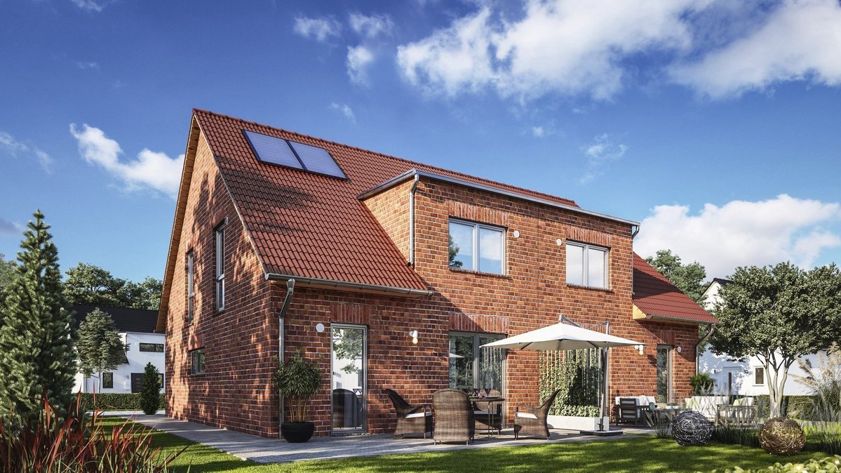 Modernes Doppelhaus mit Klinkerfassade, rotem Satteldach, Terrasse und Garten