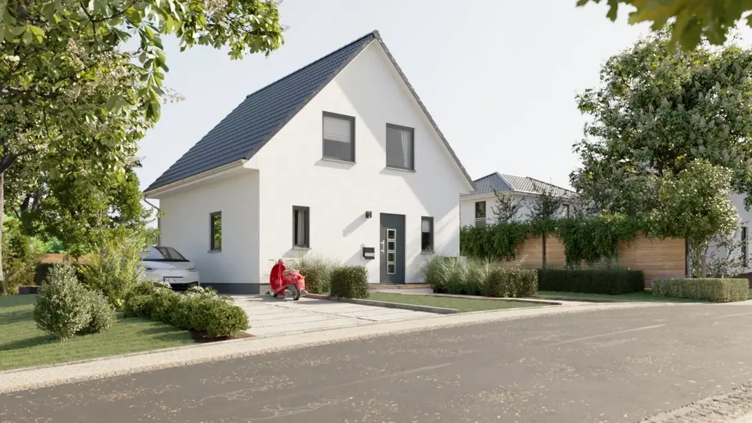 Modernes Einfamilienhaus mit heller Putzfassade, Satteldach, Vorgarten und Einfahrt in ruhiger Wohnlage