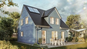 Modernes Einfamilienhaus Flair 113 mit blauer Holzfassade, Satteldach und Terrasse im grünen Garten