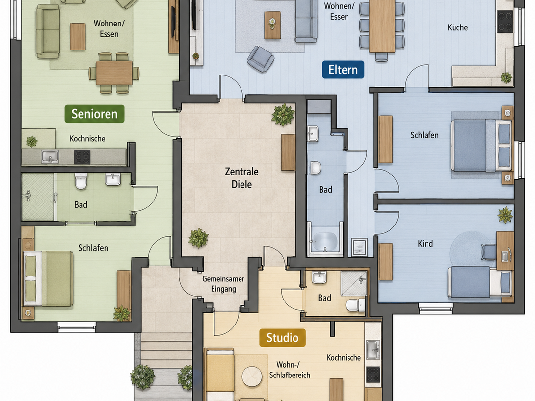 Grundriss eines Mehrgenerationenhauses mit gemeinsamem Eingang, zentraler Diele und drei getrennten Wohneinheiten für Senioren, Eltern und Studio