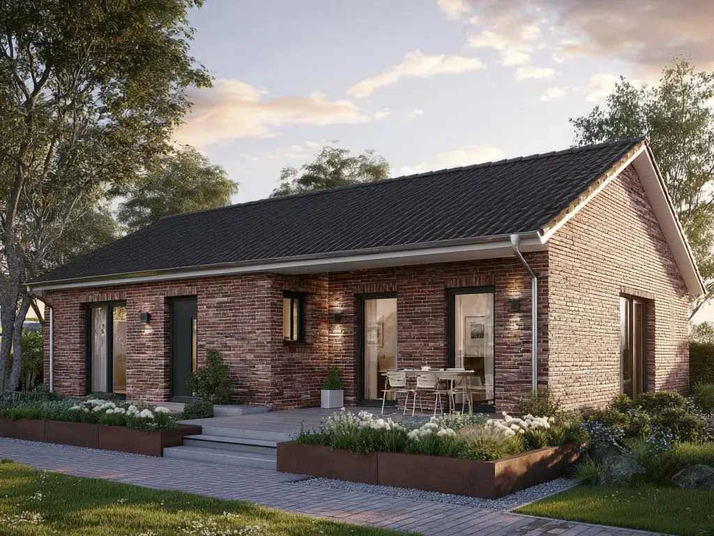 Bungalow mit roter Klinkerfassade, Satteldach, Terrasse und gepflegtem Vorgarten in Bruchhausen-Vilsen.