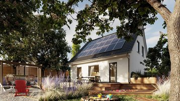 Energieeffizientes Einfamilienhaus mit Solaranlage Modernes Einfamilienhaus mit Photovoltaikanlage, Terrasse und Garten
