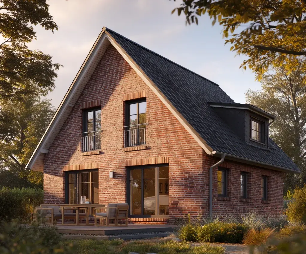 Klinkerhaus in Stolzenau bauen mit Contura Bau GmbH Klinkerhaus in Stolzenau mit Satteldach, Terrasse und Garten im Abendlicht