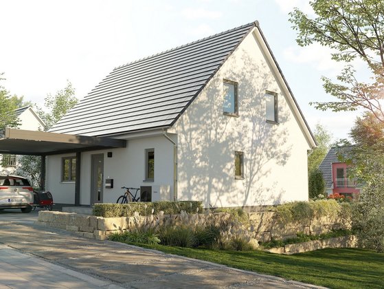Einfamilienhaus mit Satteldach und Carport Einfamilienhaus mit heller Fassade, Satteldach und Carport in Wahnebergen