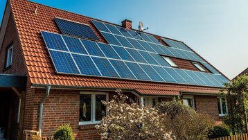 Dach eines Einfamilienhauses mit großflächiger Photovoltaikanlage und Solarthermie-Kollektoren als Beispiel für Solarenergie im Neubau mit Contura Bau GmbH