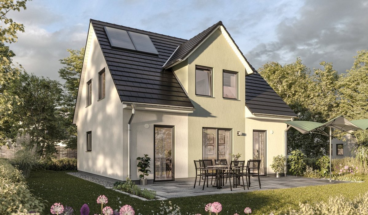 Modernes Einfamilienhaus mit Photovoltaik in Steyerberg-Voigtei Modernes Einfamilienhaus mit heller Fassade, Satteldach, Photovoltaikanlage, Terrasse und Garten als Beispiel für den Hausbau in Steyerberg-Voigtei mit Contura Bau GmbH