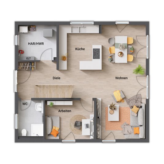 Flair 134 Erdgeschoss Grundrissvariante 1 mit Eingang von der Giebelseite Erdgeschoss des Flair 134 mit Eingang von der Giebelseite und eleganter Treppe.