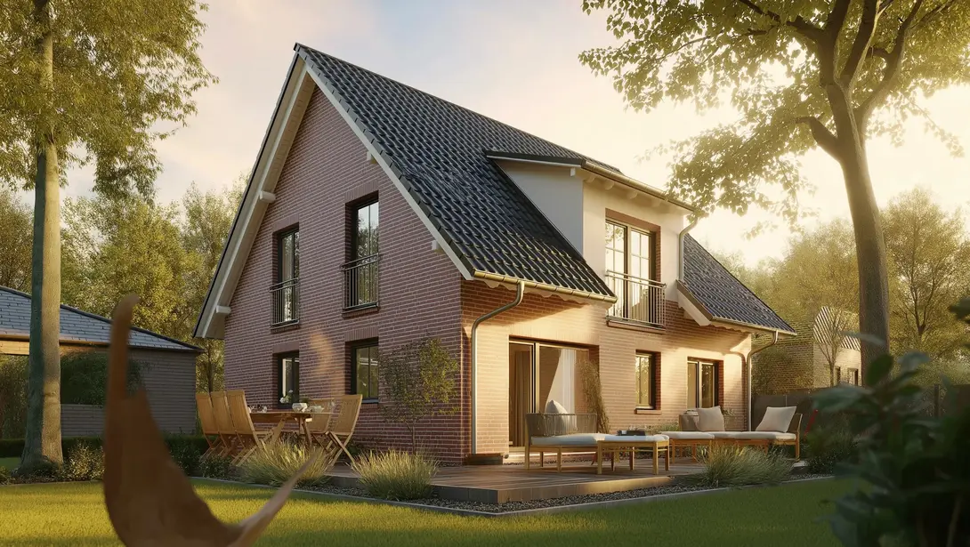 Klinker-Einfamilienhaus mit Terrasse in Diepenau Einfamilienhaus mit roter Klinkerfassade, Satteldach, Terrasse und Garten in Diepenau.