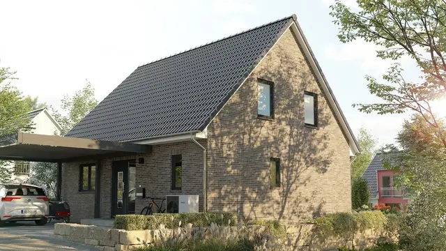Einfamilienhaus mit Klinkerfassade und Carport Modernes Einfamilienhaus mit Klinkerfassade, Satteldach, Carport und gepflegtem Vorgarten