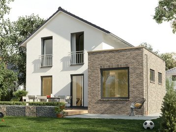 Modernes Einfamilienhaus mit Satteldach, heller Fassade, Klinkeranbau und Garten im Baugebiet Heemsen.