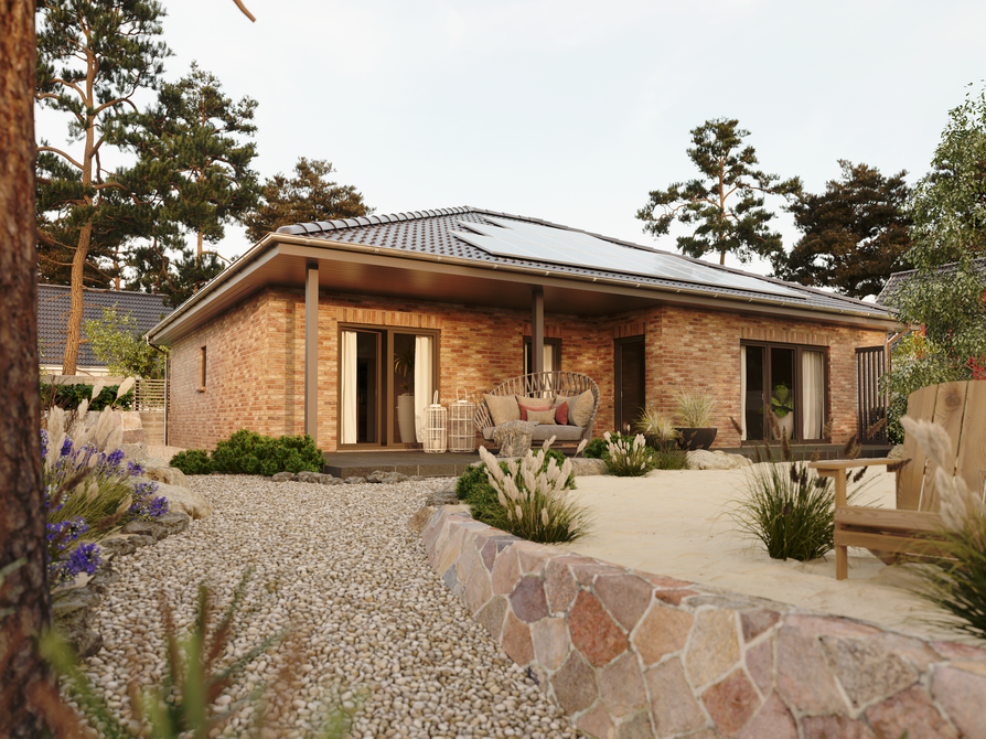 Bungalow 128 mit Klinker in warmem Cienna-Ton, gemütliche Outdoor-Sitzecke und naturnahe Gartengestaltung