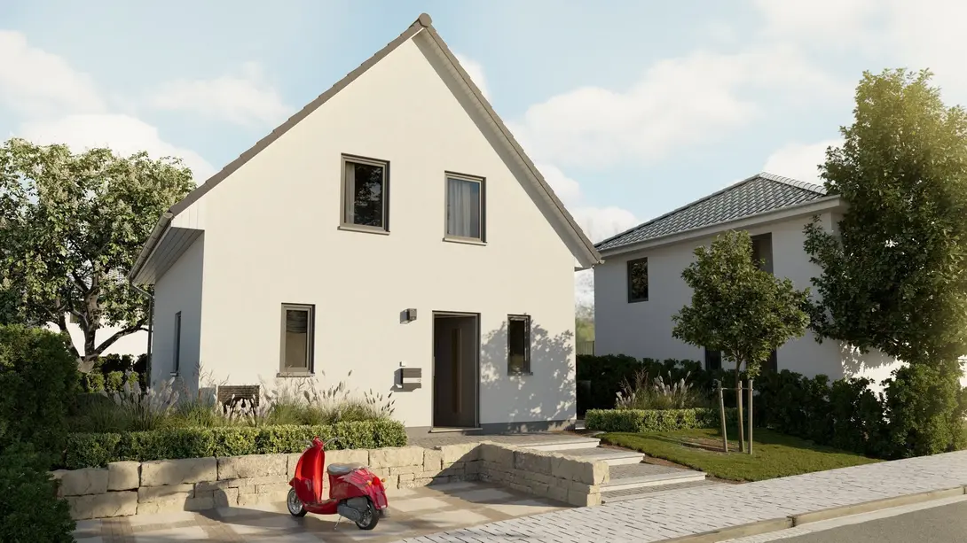 Modernes Einfamilienhaus mit heller Fassade, Satteldach, Vorgarten und Hauseingang als Beispiel für den Hausbau in Steyerberg-Voigtei mit Contura Bau GmbH