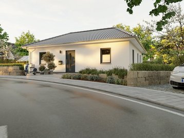 Moderner Bungalow mit gepflegtem Vorgarten Moderner Bungalow mit heller Fassade, Walmdach und gepflegtem Vorgarten als Beispiel für den Hausbau in Leese mit Contura Bau GmbH