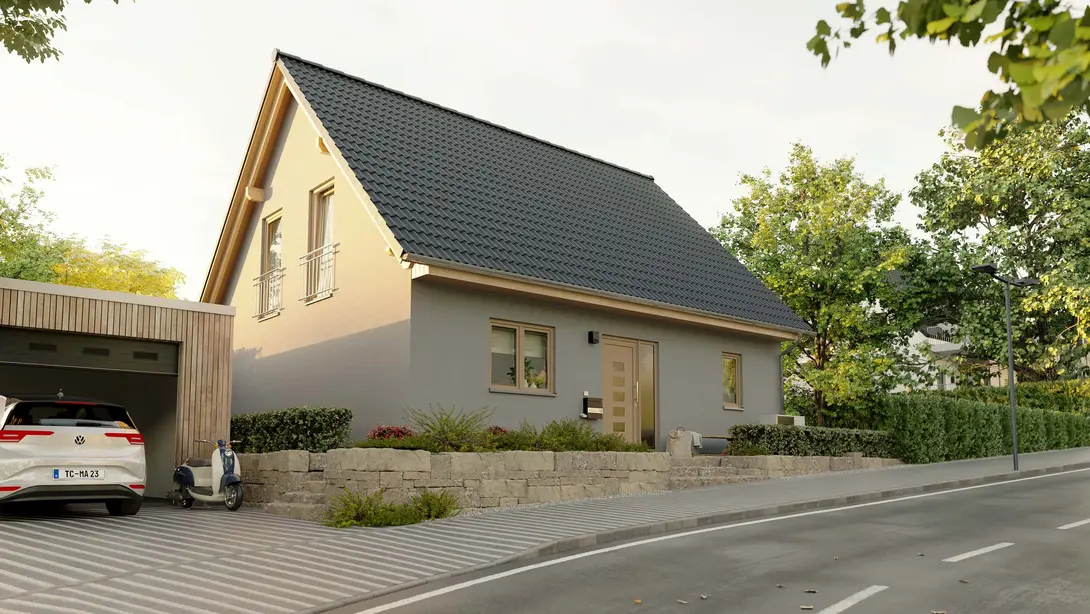 Einfamilienhaus mit Satteldach in Bassum-Neubruchhausen Einfamilienhaus mit heller Fassade, dunklem Satteldach, Carport und Vorgarten in Bassum-Neubruchhausen.