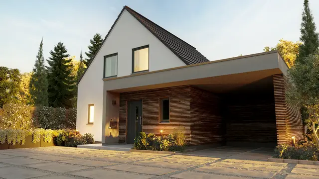 Einfamilienhaus bauen in Landesbergen mit Contura Bau GmbH Modernes Einfamilienhaus in Landesbergen mit Satteldach, Holzfassade und Carport