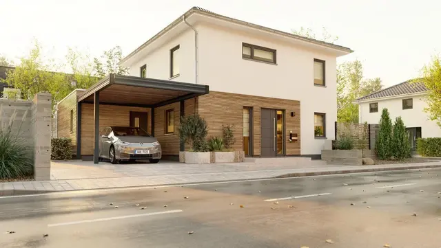 Modernes Einfamilienhaus mit Carport in Weyhe-Angelse Einfamilienhaus mit heller Fassade, Carport und Vorgarten in Weyhe-Angelse