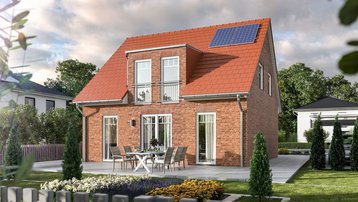 Klinkerhaus mit Photovoltaikanlage und Terrasse Einfamilienhaus mit roter Klinkerfassade, Solaranlage und Gartenterrasse