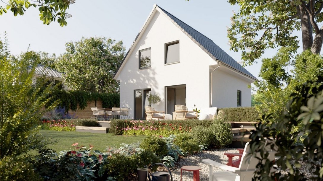 Modernes Einfamilienhaus mit Garten und Terrasse Modernes Einfamilienhaus mit heller Fassade, Satteldach, Terrasse und gepflegtem Garten als Beispiel für den Hausbau mit Contura Bau GmbH